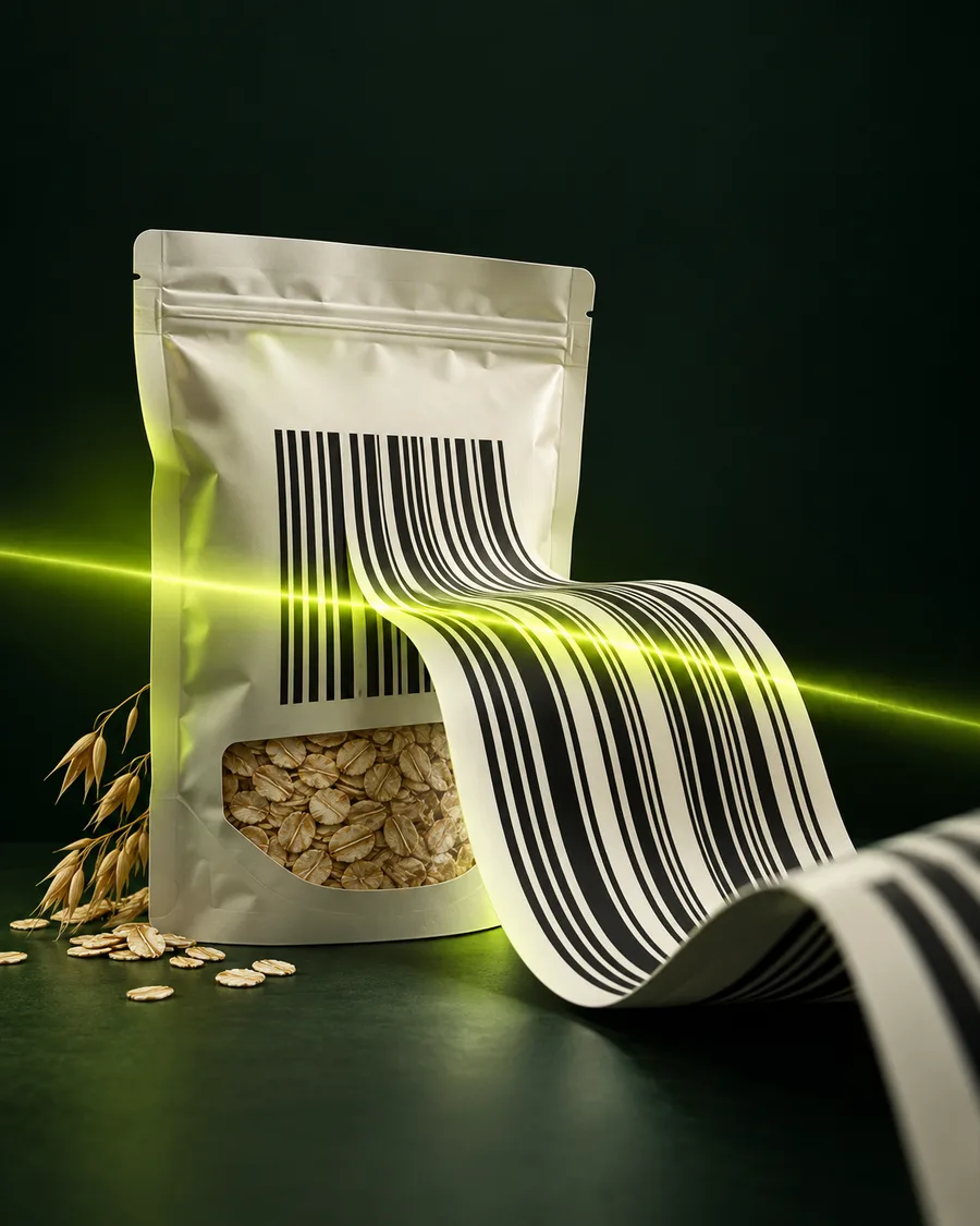 An illustrated barcode flowing from a packet of oats