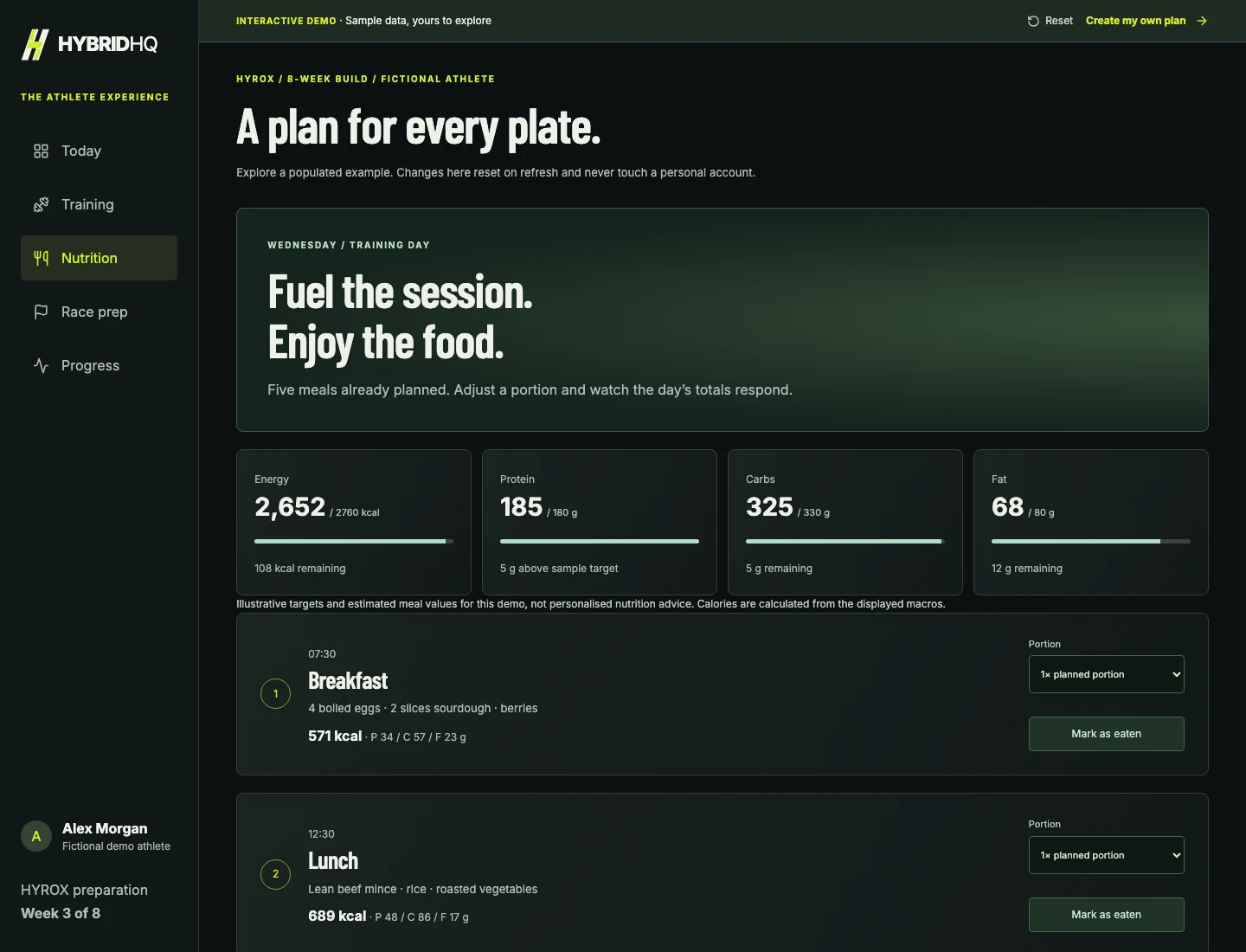 HybridHQ nutrition workspace with meal planning and daily macro totals