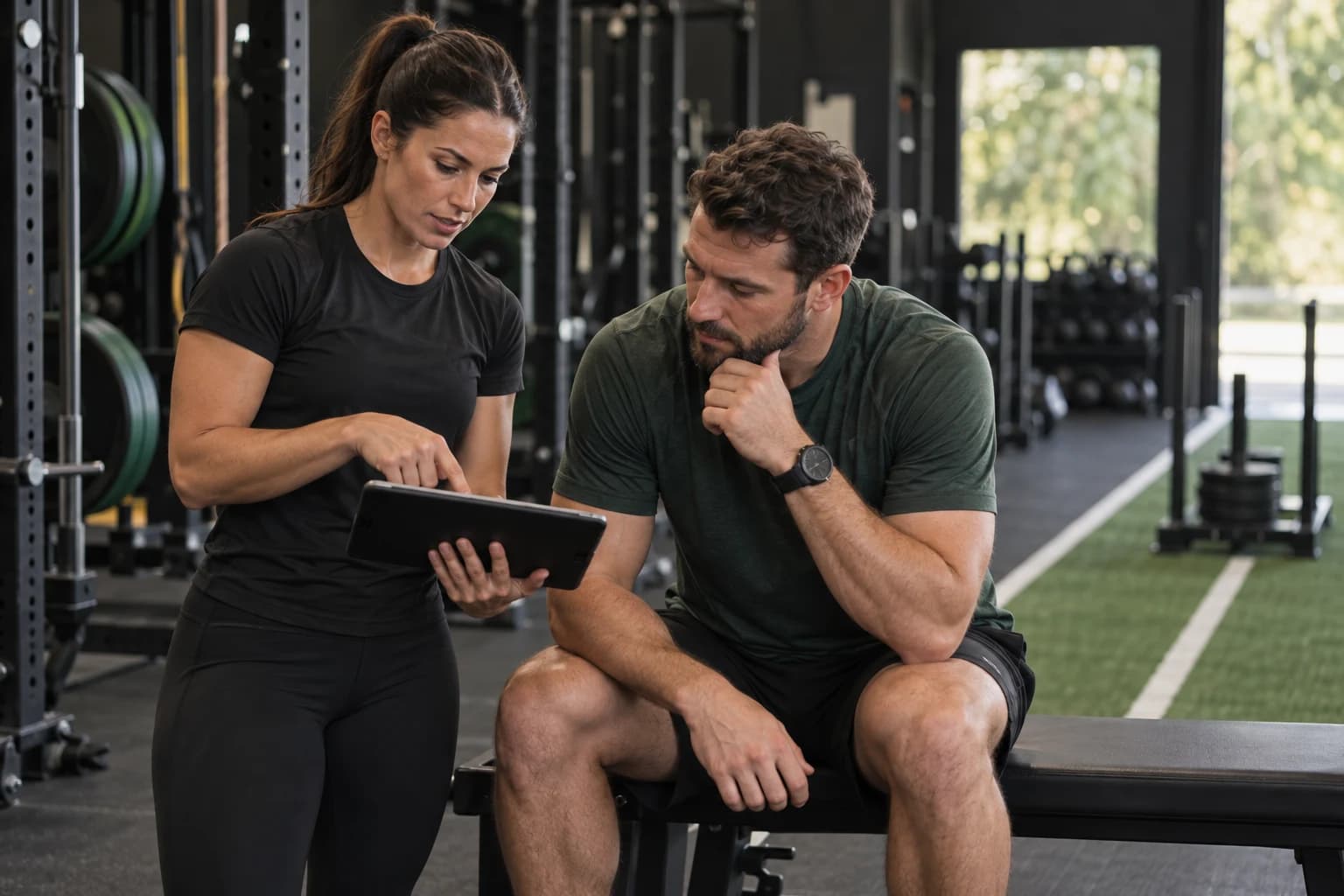Illustrative coach and athlete reviewing a training plan together