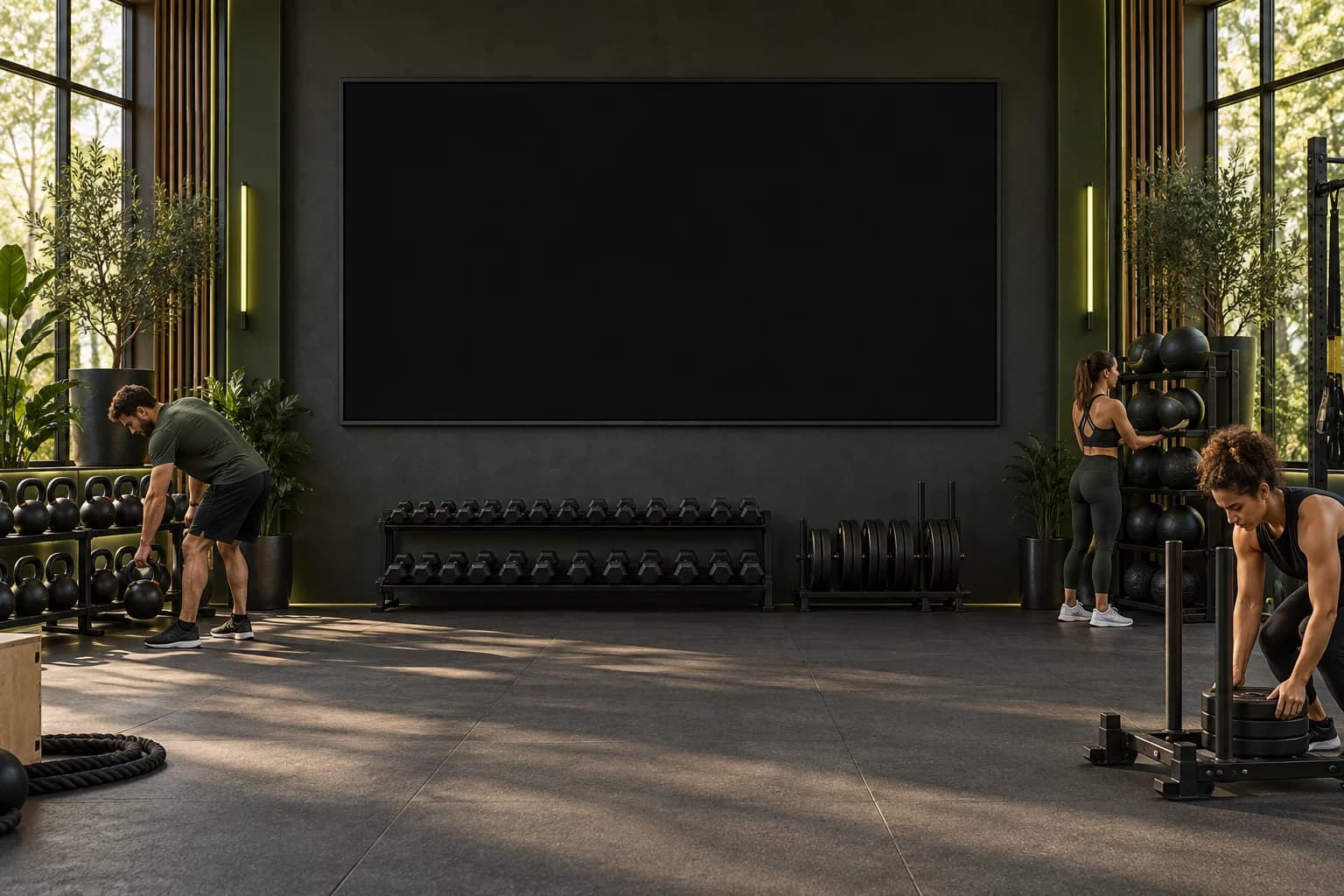 Illustrative hybrid gym with a large wall display, equipment and athletes preparing to train