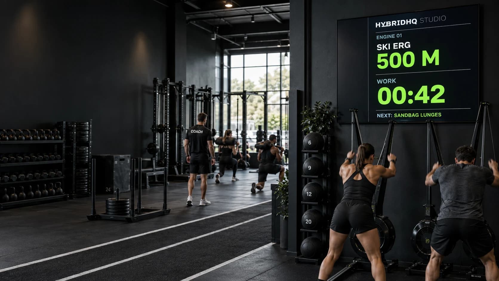 Concept of a HybridHQ Studio workout display in a hybrid gym, with a coach leading a group session